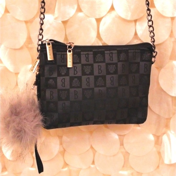 BORGHESE ROMA Crossbody Satin GEO w Shoulder Strap Chain & Faux Fur Pom Charm - Picture 9 of 14